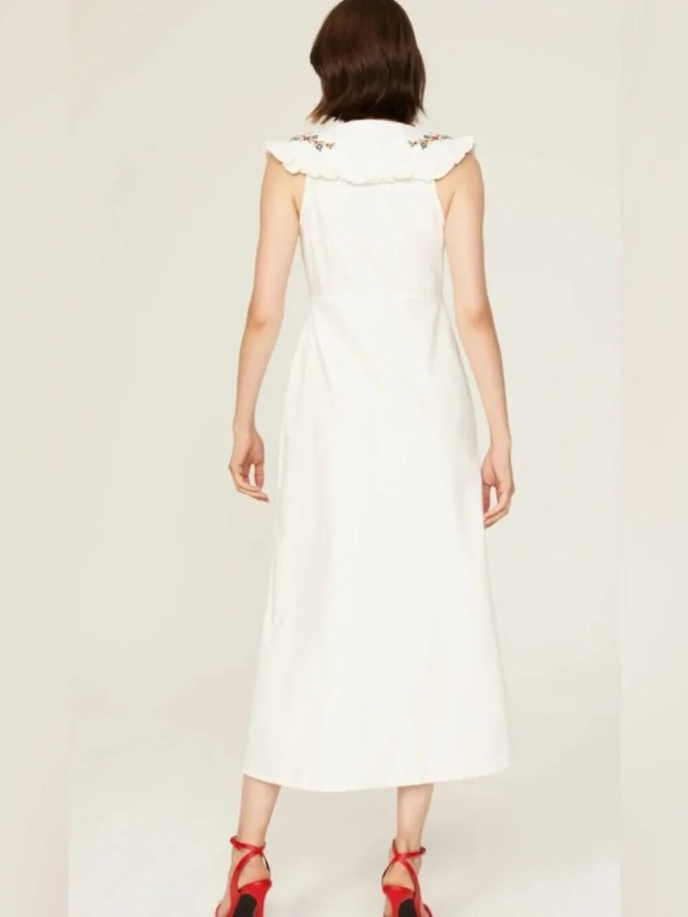 RIXO Nova Dress Midi Floral Embroidered Spread Collar Ecru Button front M - Picture 5 of 14